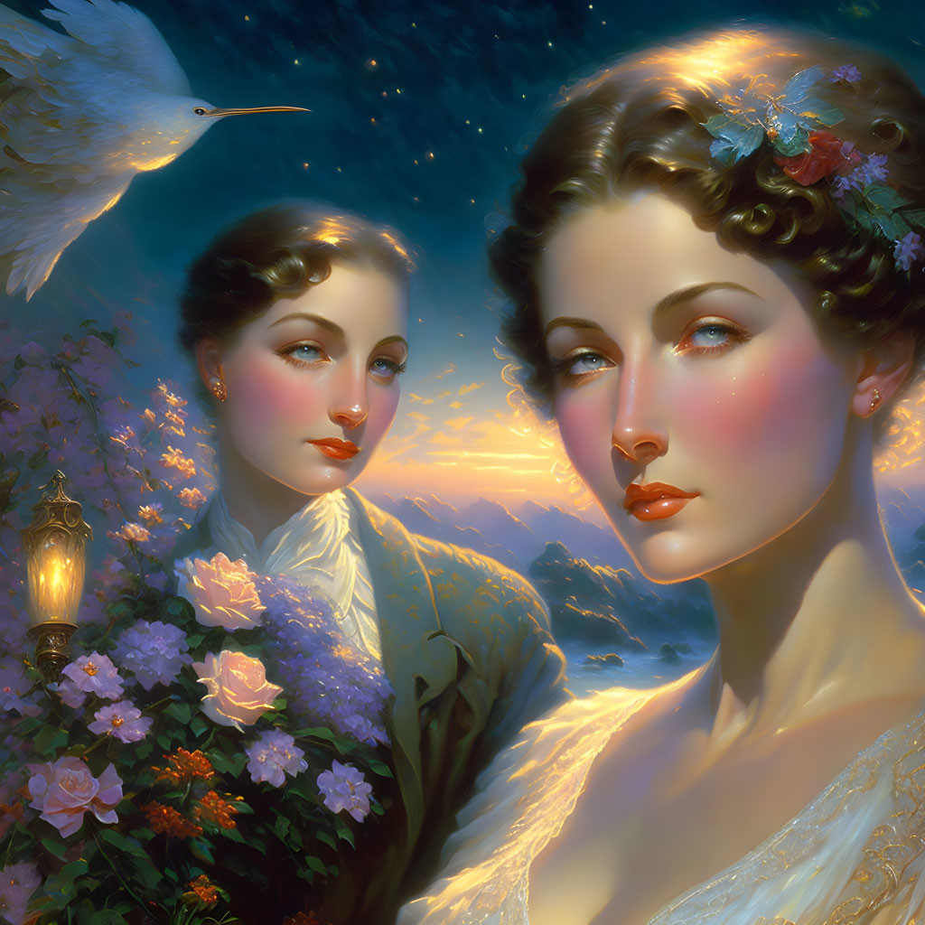 Illustration of serene women surrounded by flowers under starlit sky with white dove.