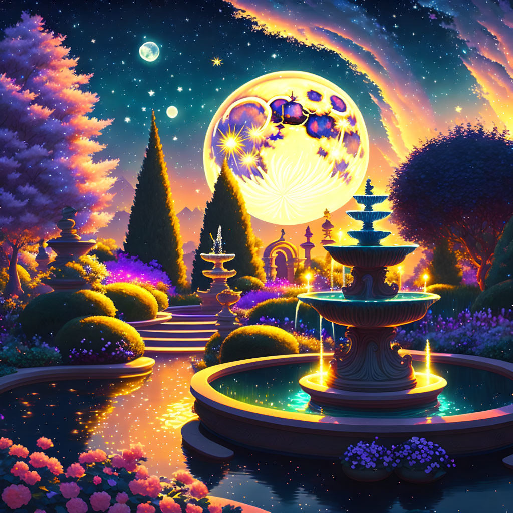 Enchanting night garden with starry sky, fountain, and detailed moon.