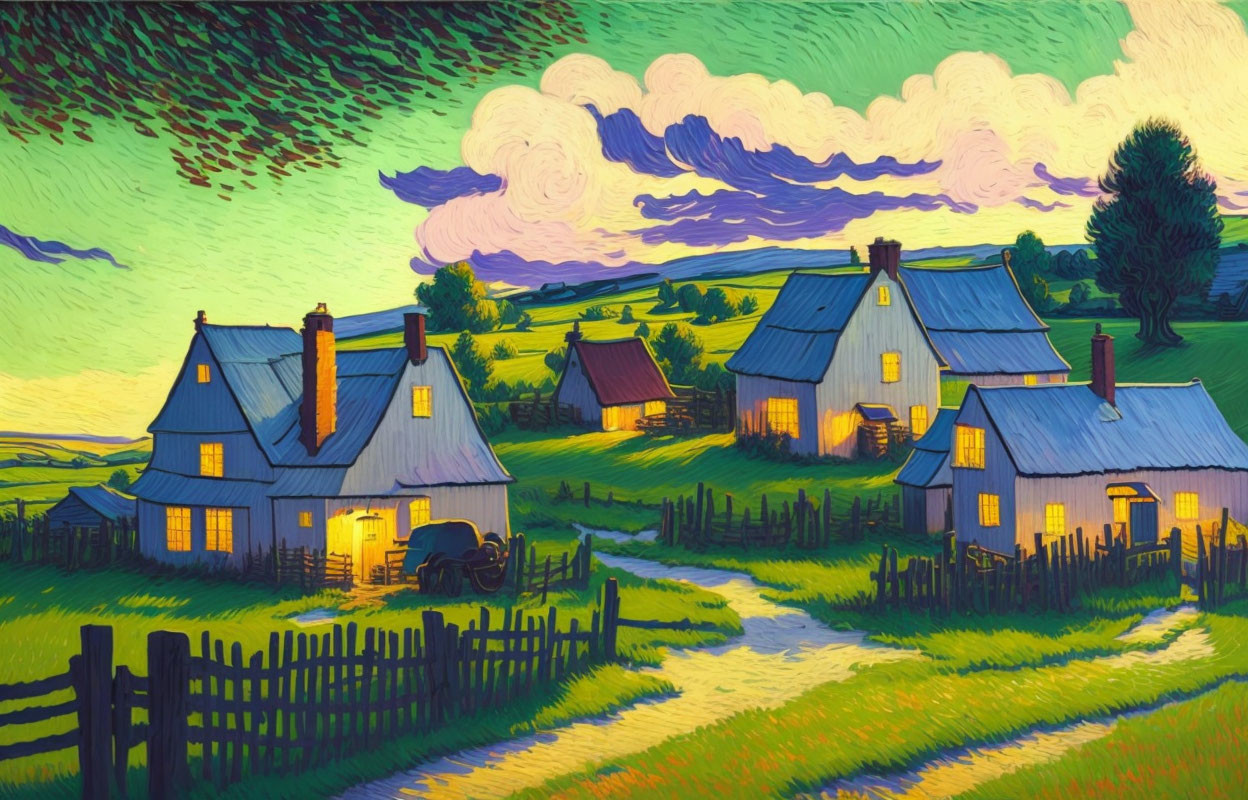 Vibrant rural landscape at dusk with illuminated houses and Van Gogh-inspired brushstrokes