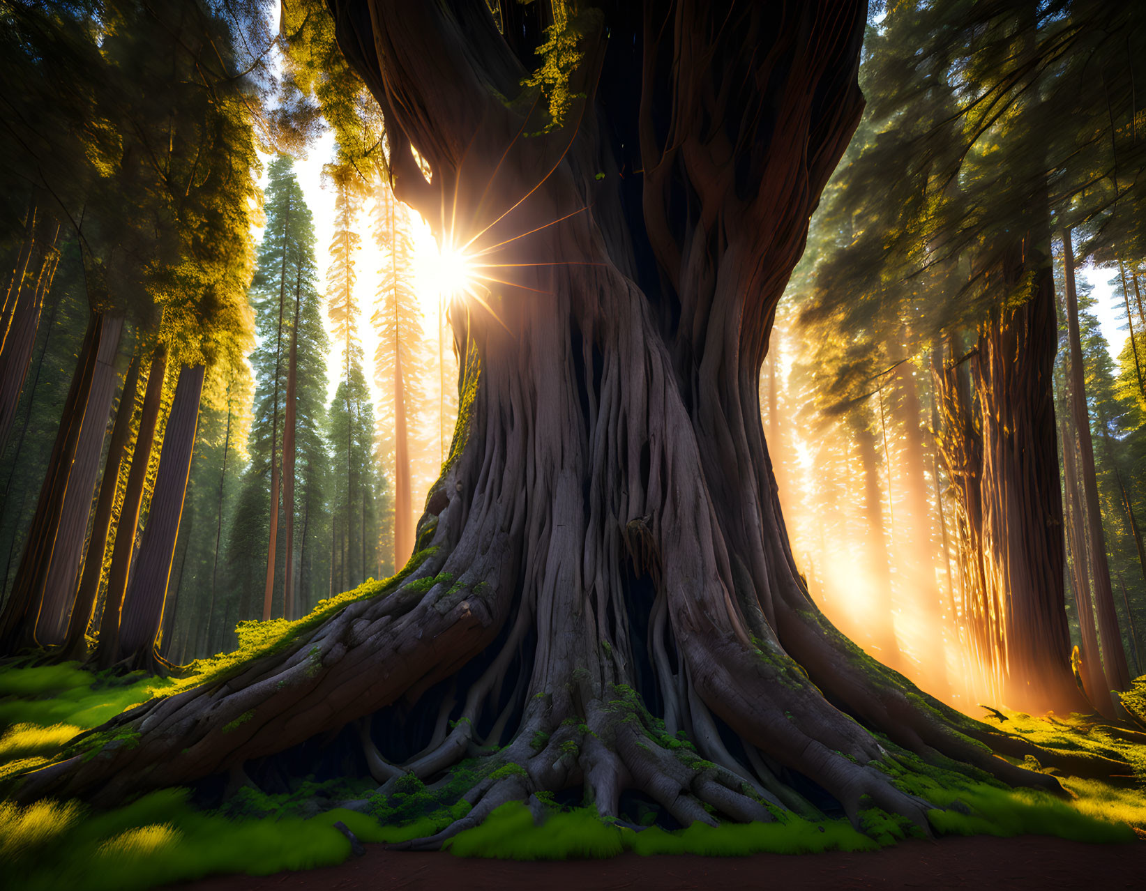 Sunburst illuminates giant sequoia trees in lush forest, revealing massive root structure.