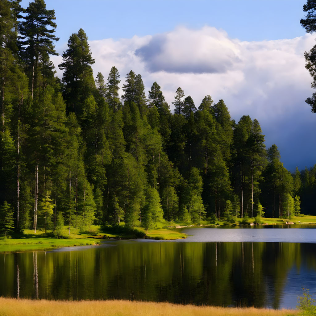 Tranquil Lake with Pine Trees and Clouds Reflections at Dusk