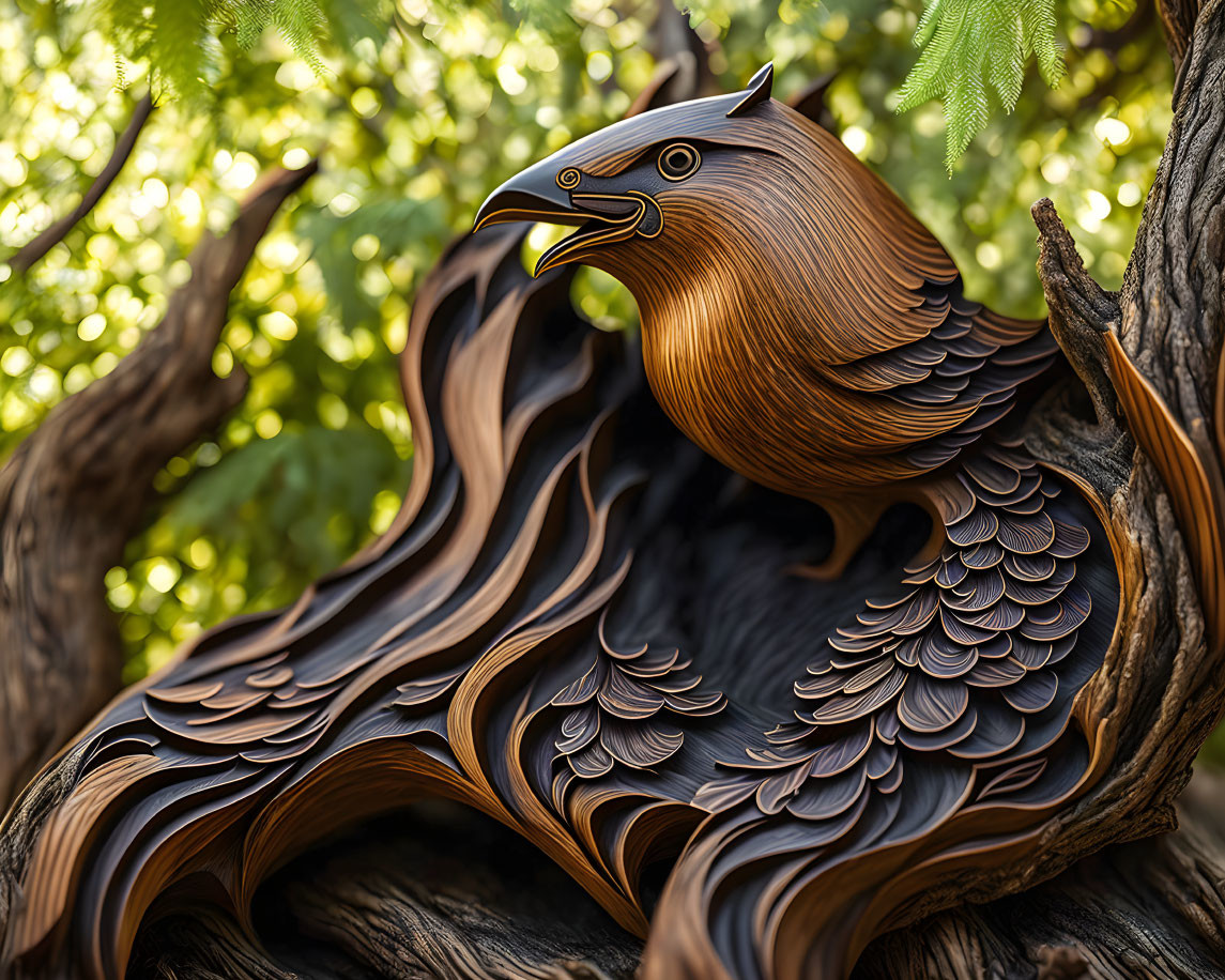 Detailed Wooden Bird Sculpture Nestled in Tree Crook