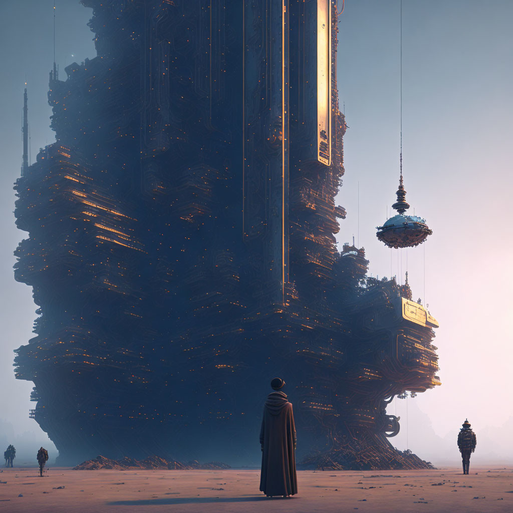 Futuristic towering structure in hazy atmosphere with suspended platform.