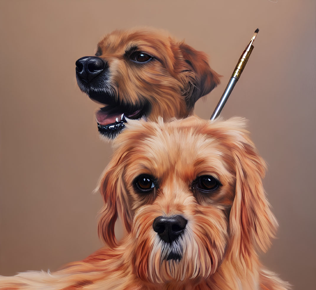 Golden dogs with paintbrush on head on tan background