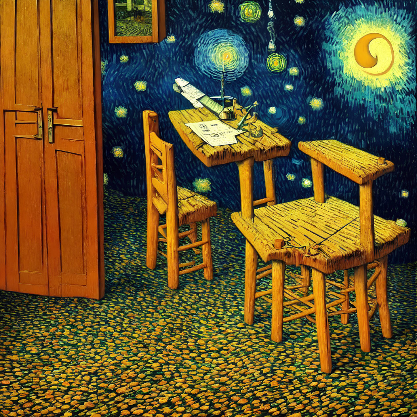 Room with Wooden Furniture and Papers Under Swirling Night Sky