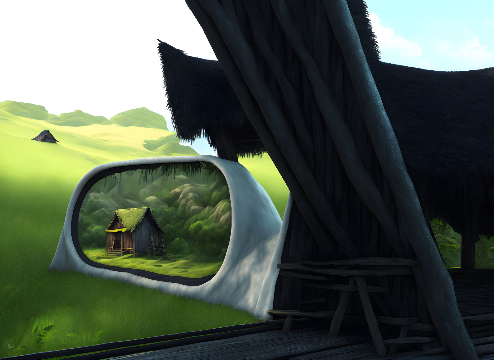 Digital artwork of countryside scene with thatched roof hut seen through tree's hollow.