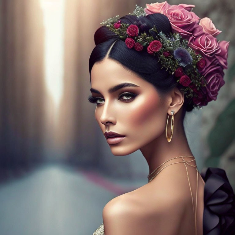 Illustration of woman with floral headpiece and bold makeup gazes away elegantly