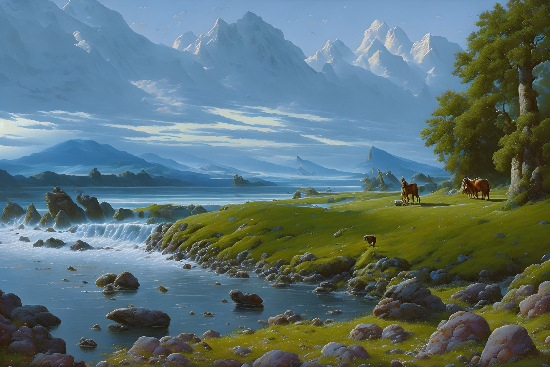 Tranquil landscape with grazing horses, river, and mountains