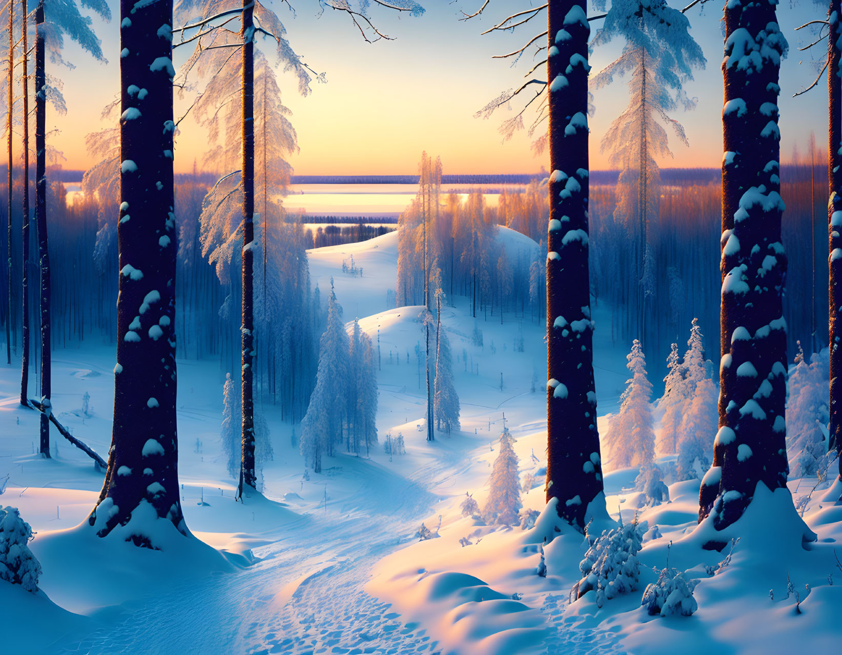 Snow-covered trees in serene winter sunset landscape