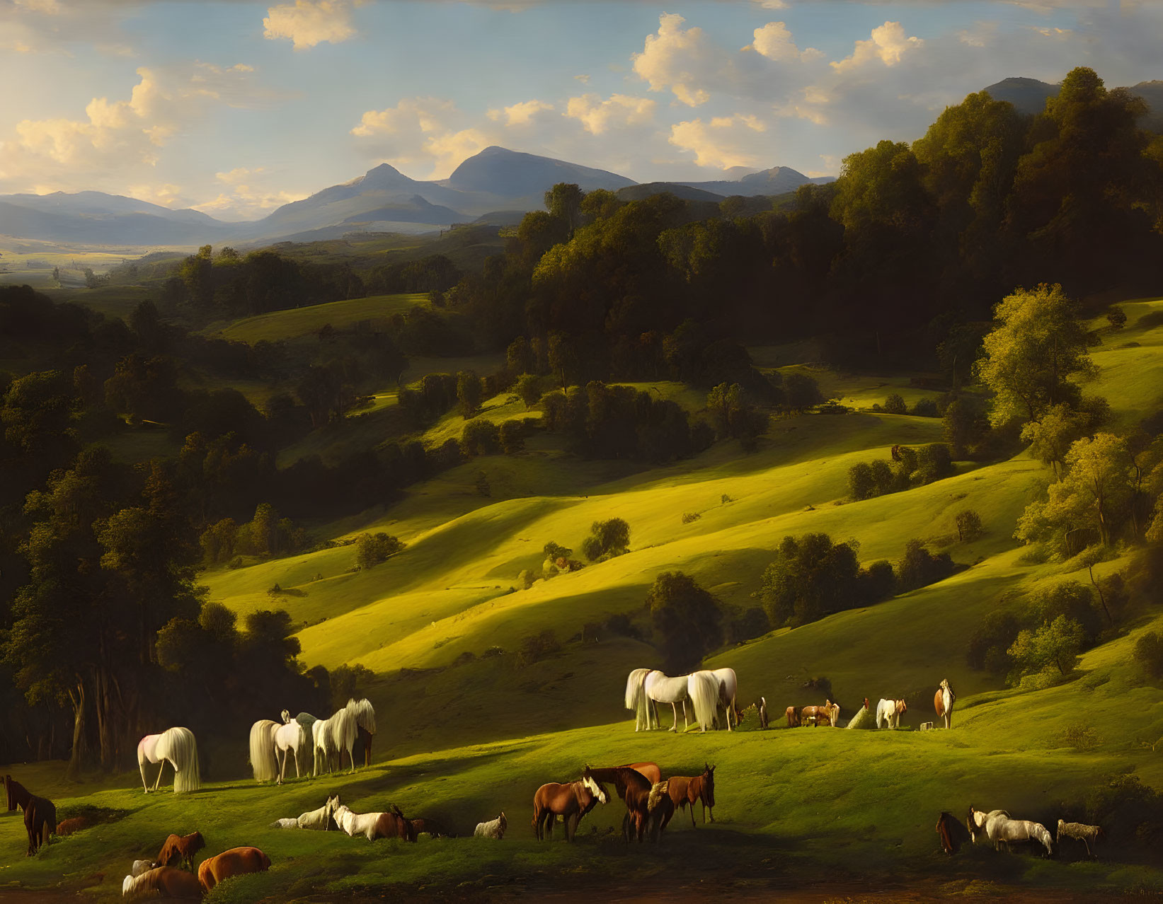 Golden Hour Pastoral Landscape with Grazing Horses and Rolling Hills