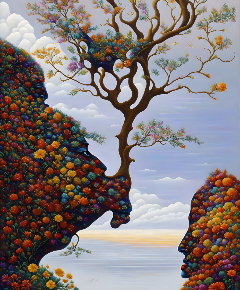 Surreal painting of tree and flower profiles by serene sea