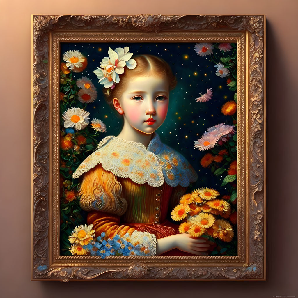 Surreal child portrait with flowers and starry background