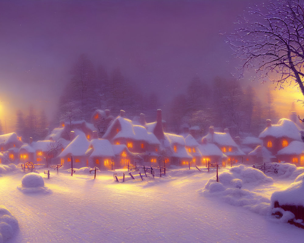 Twilight snow-covered village with glowing windows & street lamps