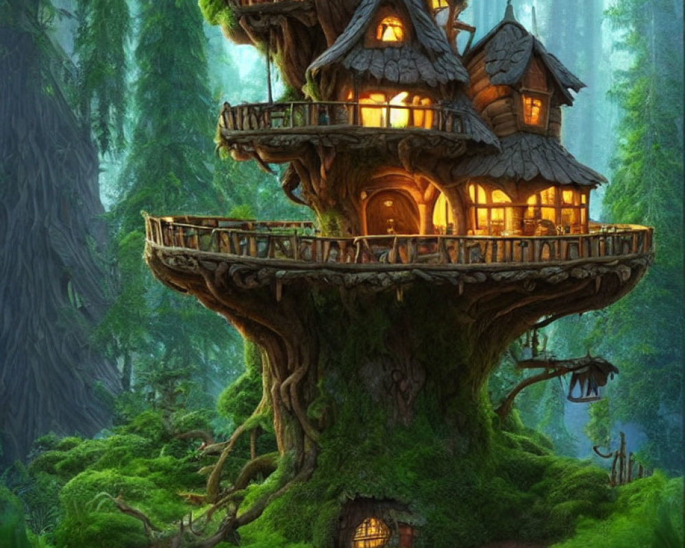 Enchanting treehouse with illuminated windows in ancient tree amid misty forest