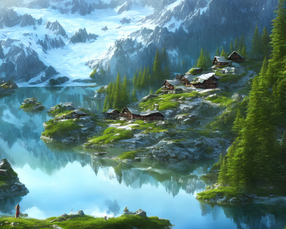 Tranquil Alpine Landscape with Lakes, Cabins, and Snow-Capped Mountains