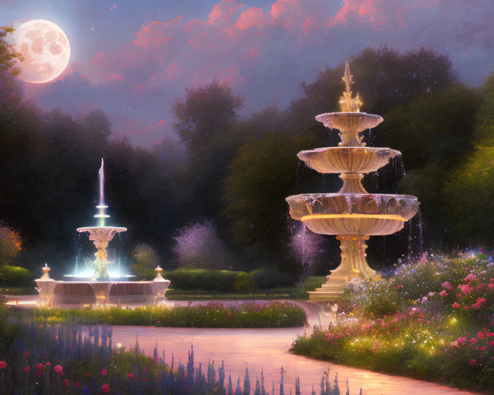 Nighttime garden fountain with full moon, flowers, and trees