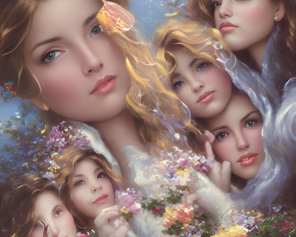 Colorful portrait of multiple women with floral accents in whimsical background