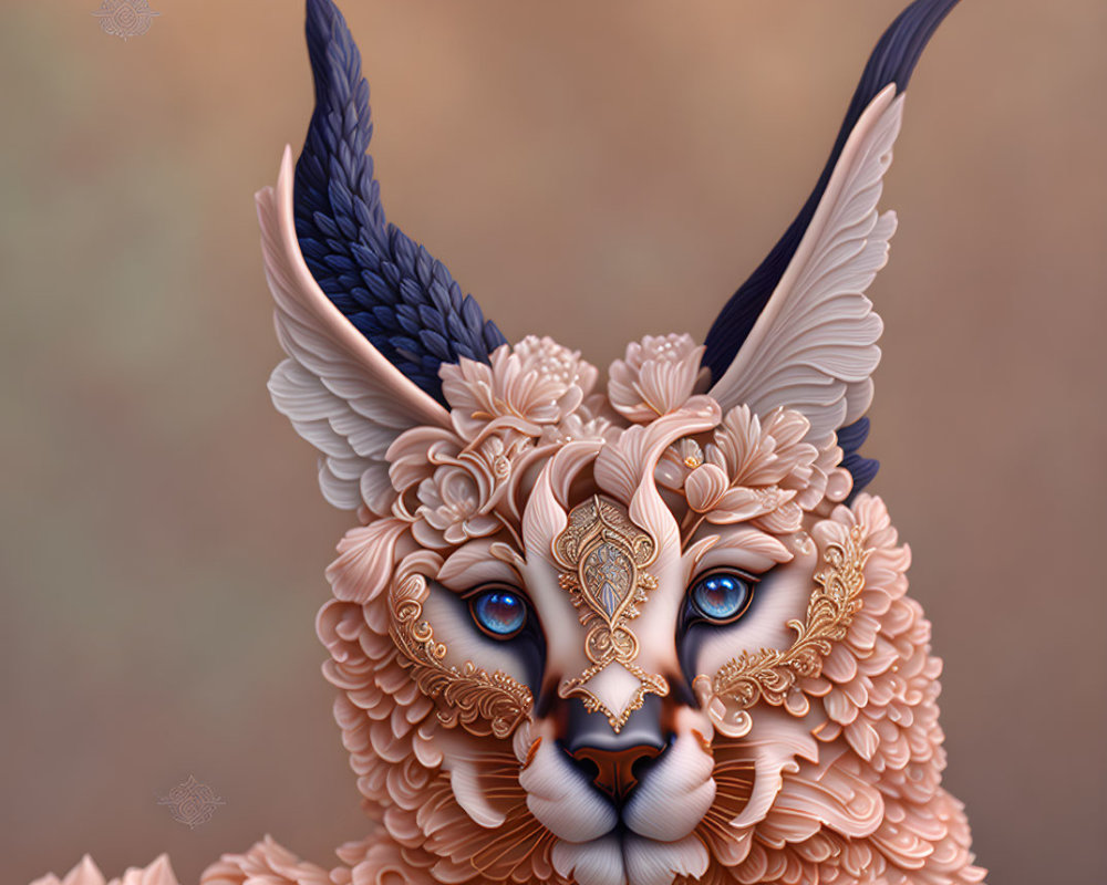 Digital artwork of ornate feline creature with golden adornments and feathered wings