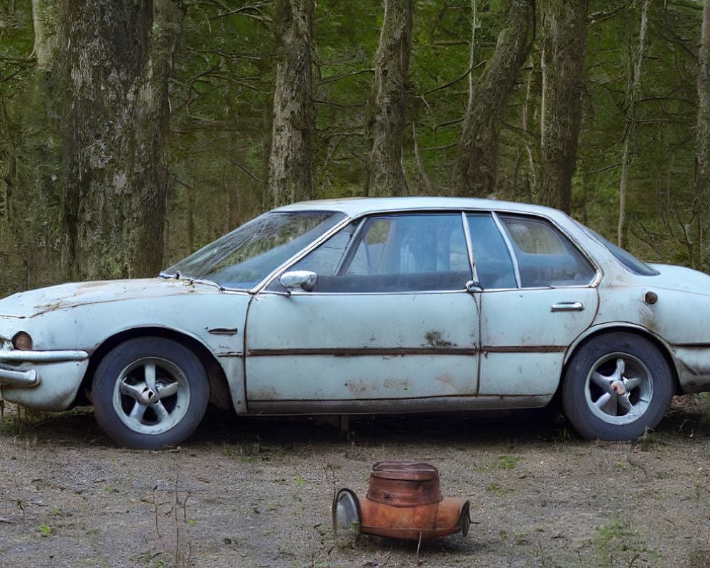 Abandoned rusty white car with unique design in woods with copper canister