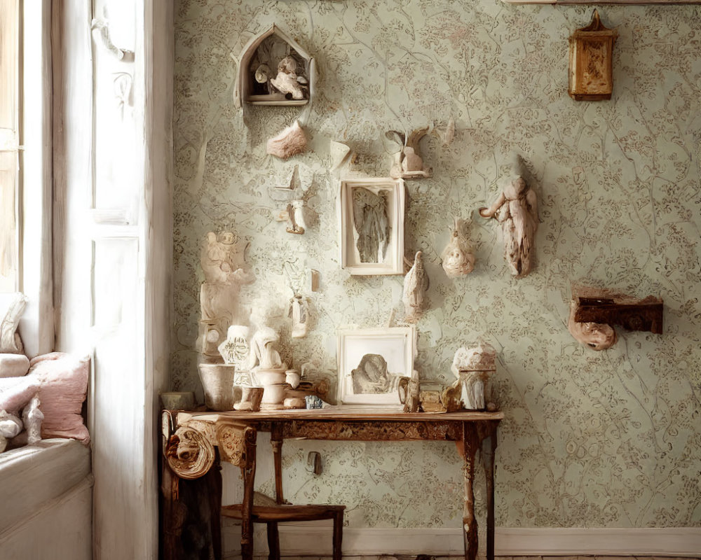 Vintage Room Corner with Floral Wallpaper, Wooden Desk, and Eclectic Wall Decor