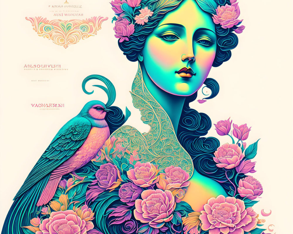 Colorful Art Nouveau style illustration of a woman with floral hair and a peacock.