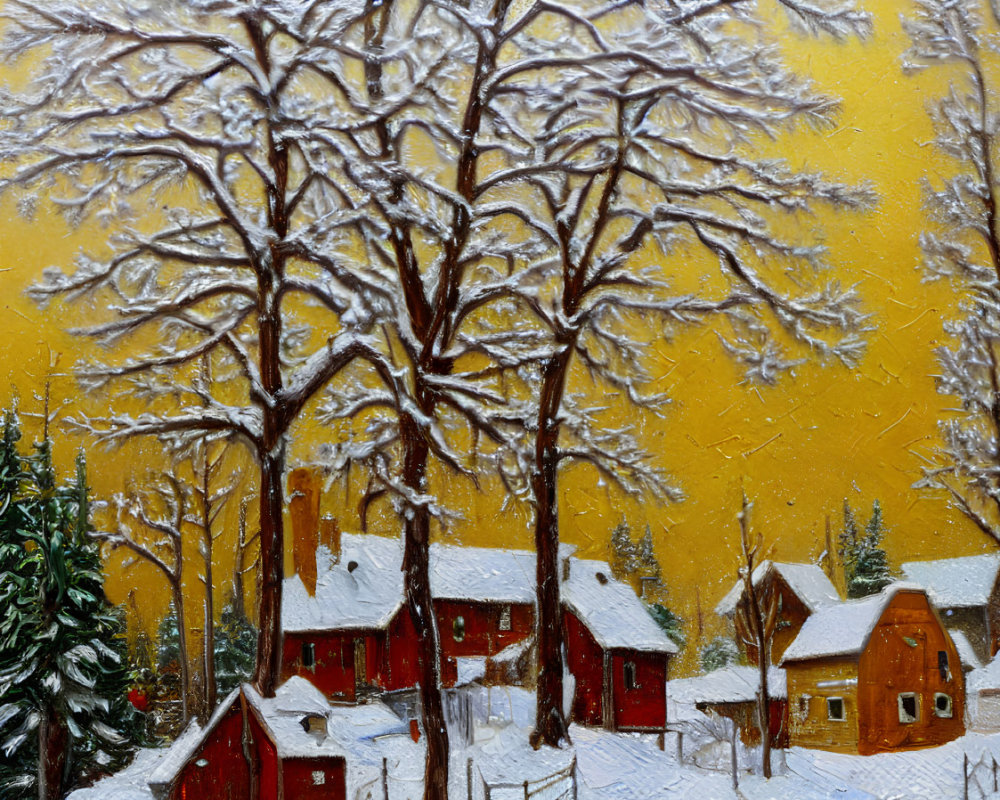 Snowy village painting with red houses and leafless trees on yellow backdrop