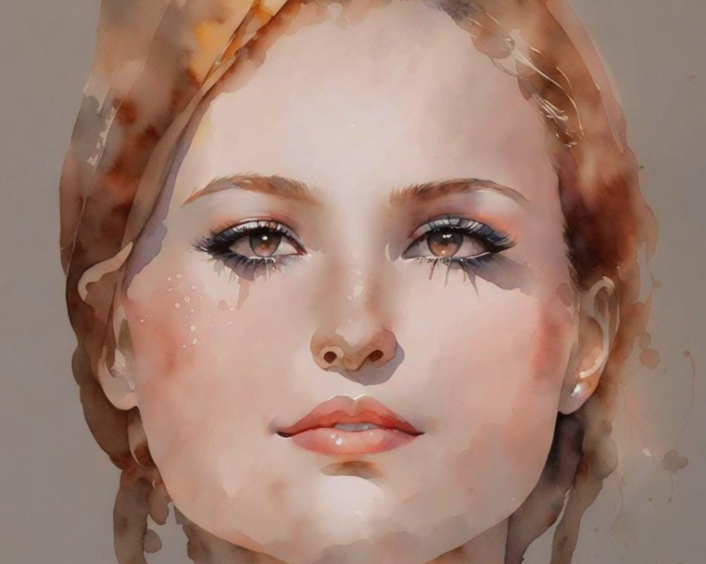 Portrait of a woman with fair skin, blue eyes, and auburn hair in watercolor