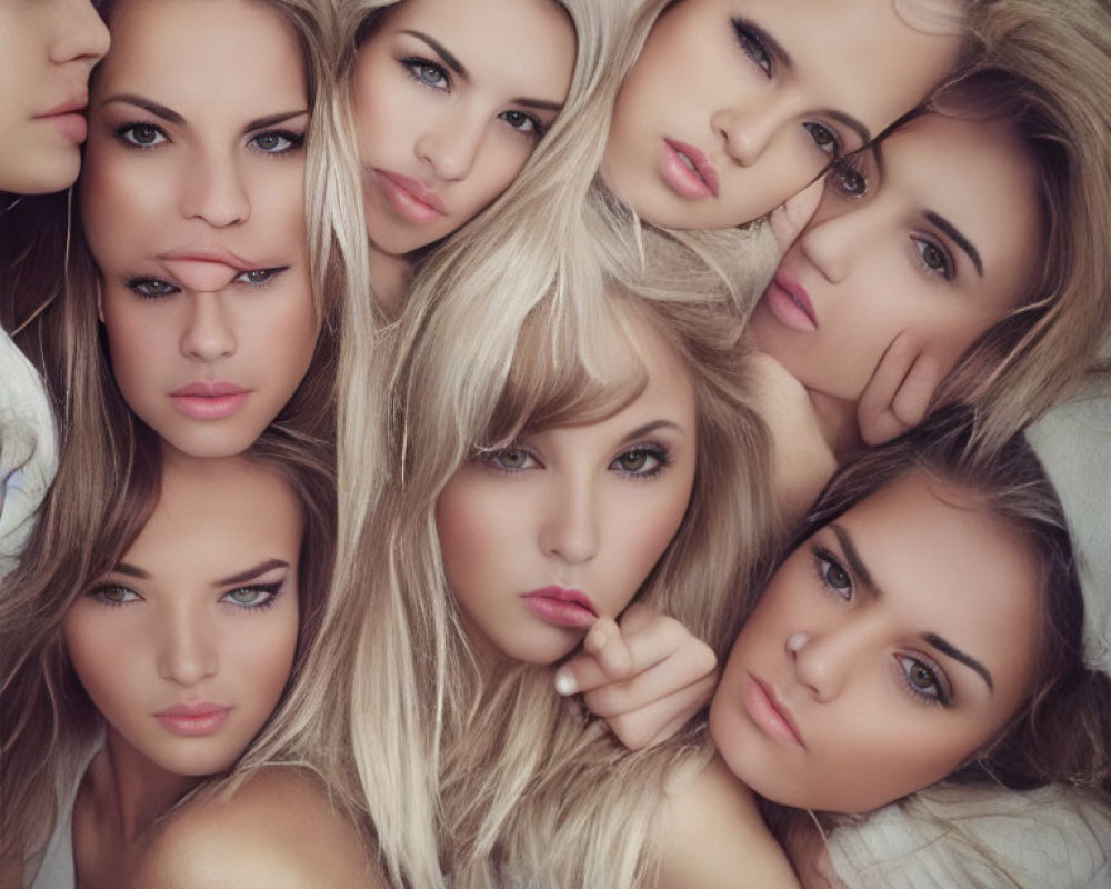 Symmetrical collage of women's faces with diverse expressions