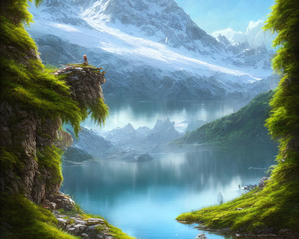 Serene mountain landscape with person on cliff above blue lake