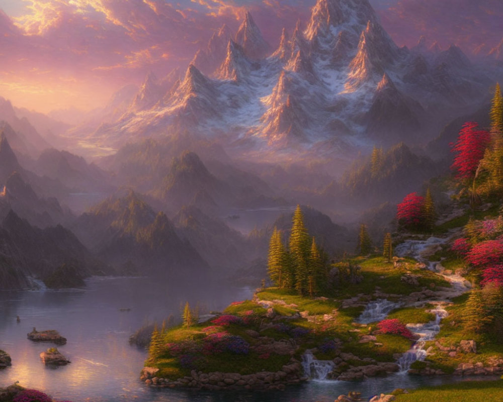 Majestic snow-capped peaks, tranquil lake, cascading waterfall in serene fantasy landscape