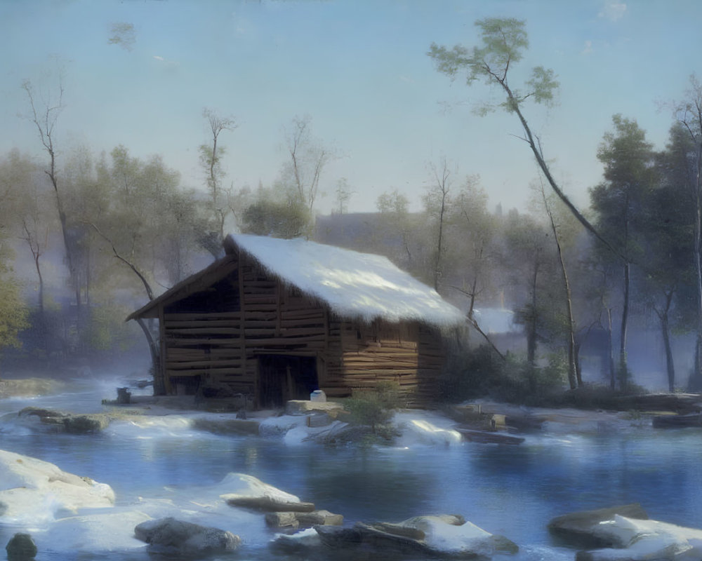 Snow-covered log cabin by gently flowing river in winter landscape