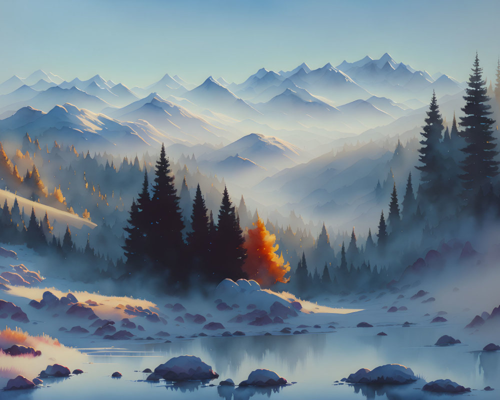 Serene Dawn Landscape: Misty Mountains, Autumn Trees, Lake, Clear Sky