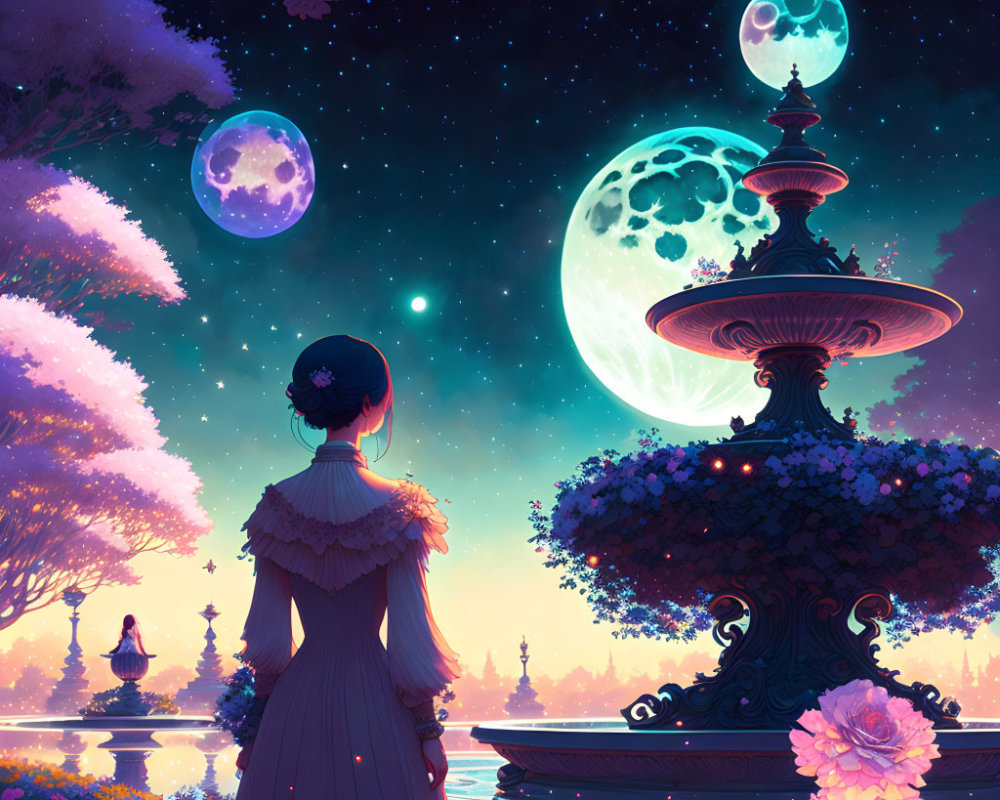 Woman in vintage dress admires multiple moons over blooming garden