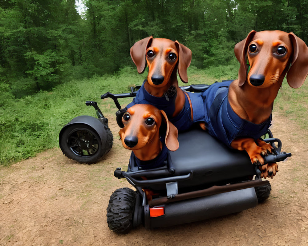 Three Dachshunds in Blue Jackets on Black Motorized Scooter in Forest