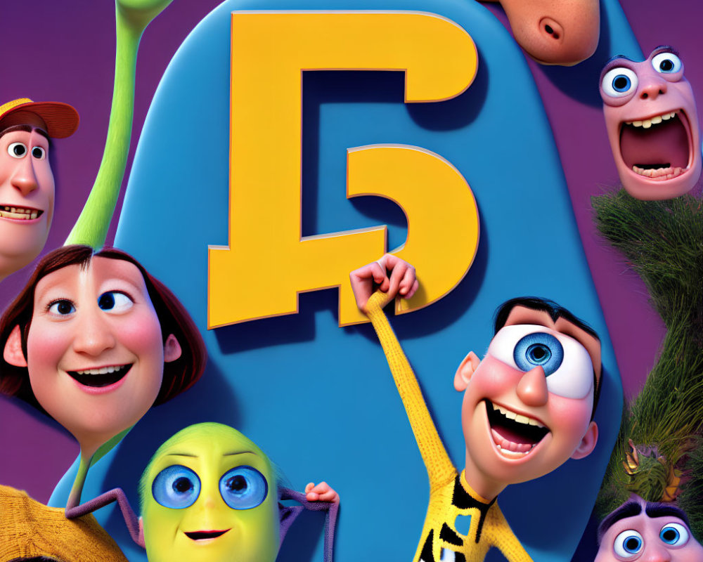 Vibrant Poster Featuring Animated Characters and Large Blue Number 5