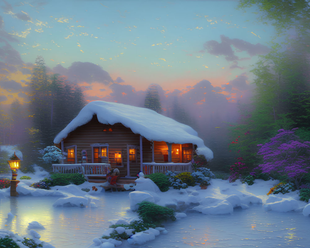 Snow-covered log cabin in tranquil winter evening setting