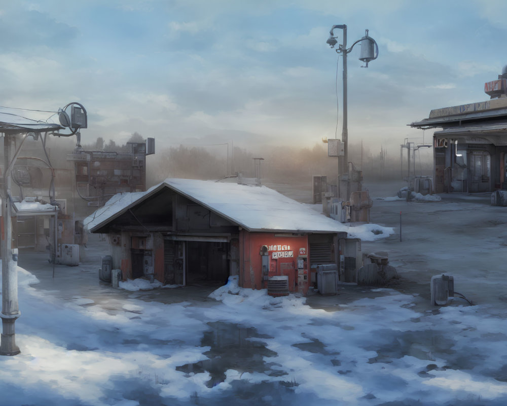 Snowy post-apocalyptic scene with abandoned buildings and glowing sky