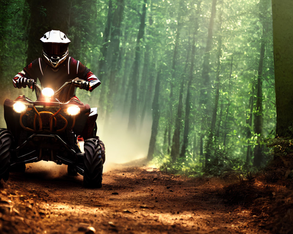 ATV rider in protective gear on sunlit forest trail