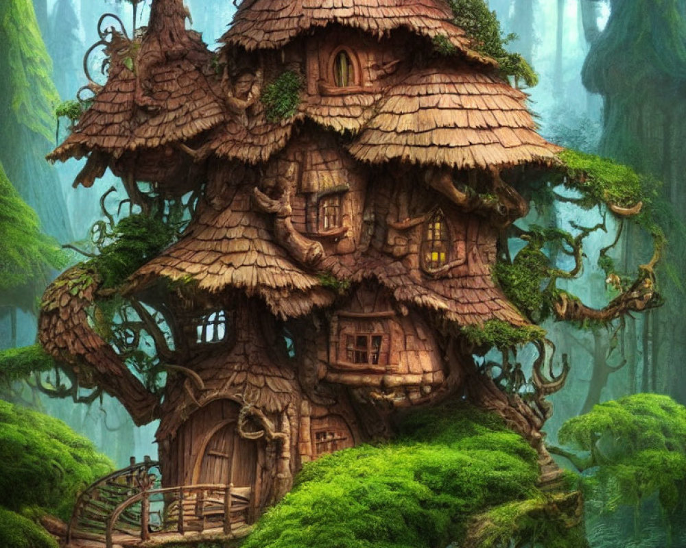 Multi-level treehouse with shingle roofs in misty forest