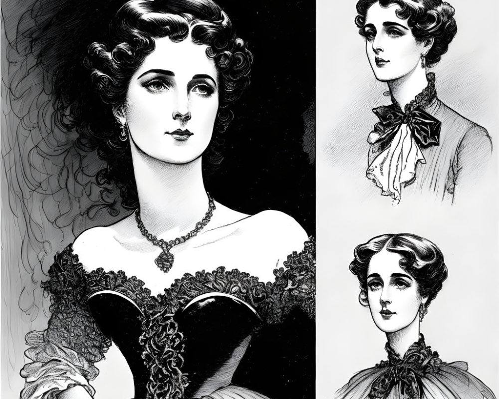 Vintage-style portrait illustrations of women with elegant hairstyles and period clothing.