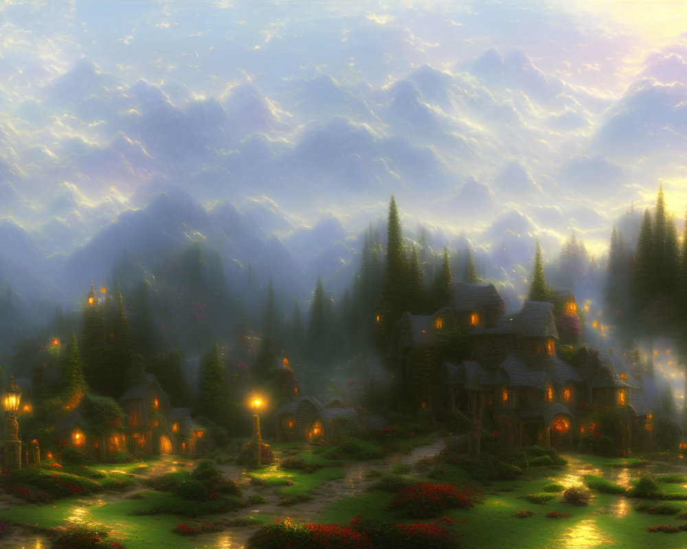 Enchanting fantasy village in forest at dusk