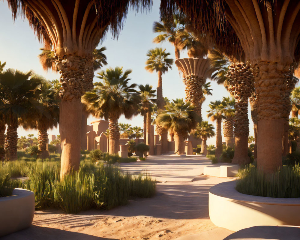 Sandy path with palm trees and classic columns in a desert oasis at sunset