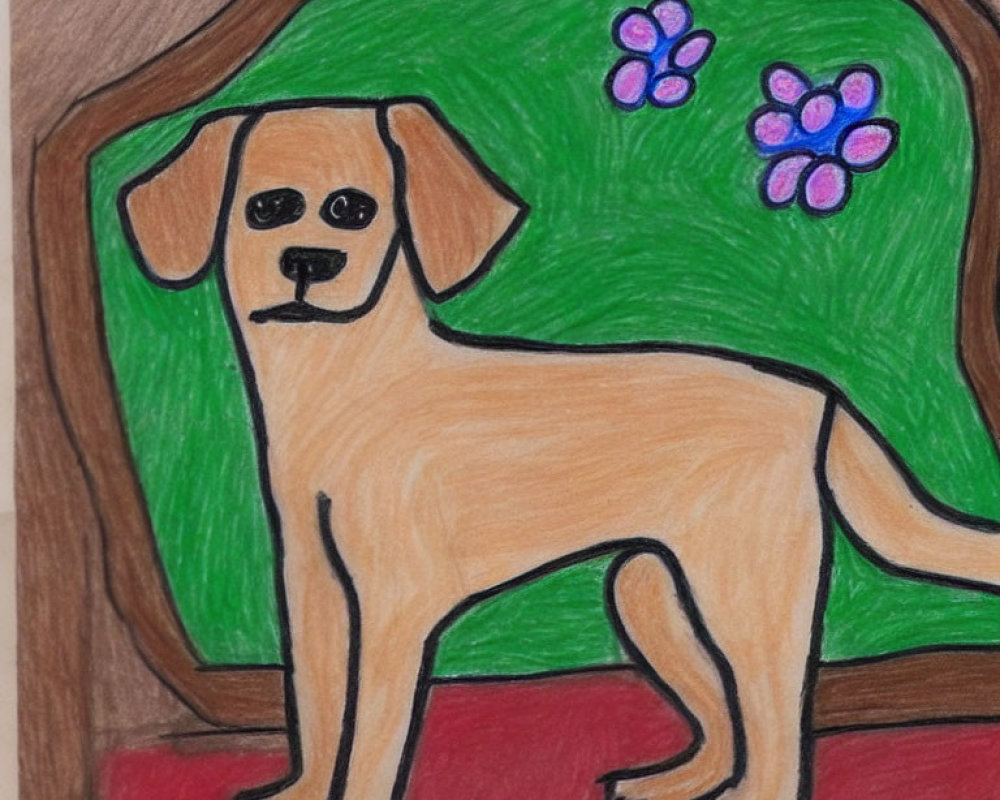 Yellow dog with purple flowers on green background in brown frame