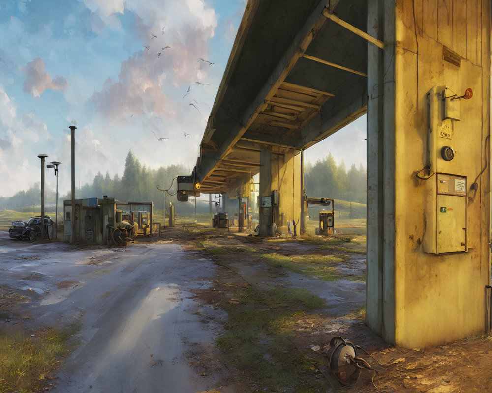 Sunlit industrial scene with concrete structures, electrical boxes, and birds under a bridge