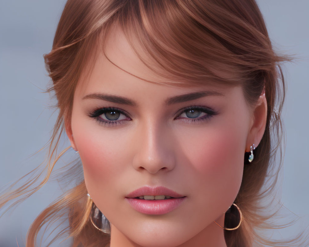 Brown-haired woman with subtle makeup and hoop earrings in digital portrait.