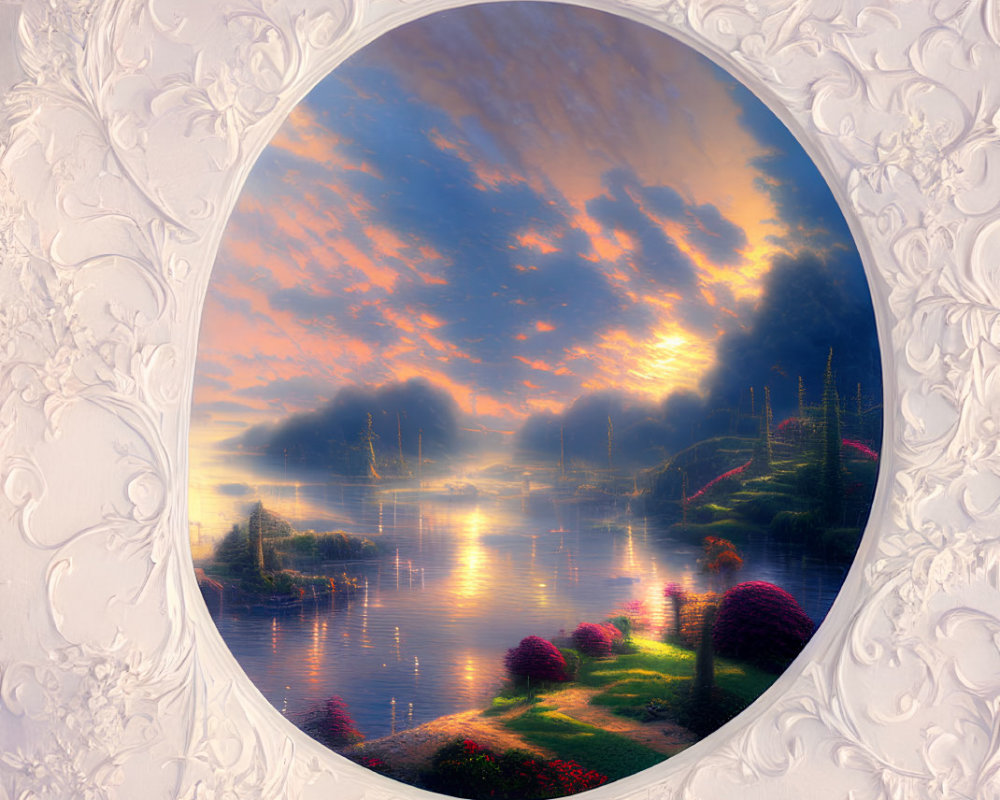 Colorful sunset landscape in ornate oval frame with serene water and lush greenery