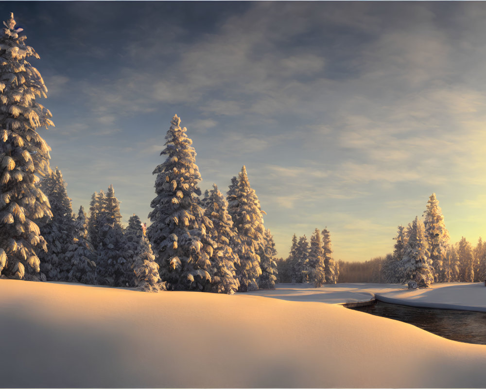 Snow-covered trees by frozen river in serene winter landscape