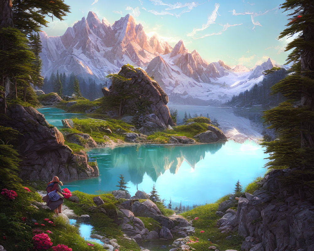 Tranquil mountain scene with hiker, reflective lake, greenery, flowers, snowy peaks