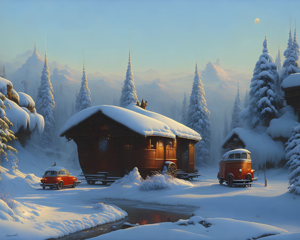 Cozy cabin in snow with red car and van, pine trees, mountains, twilight sky