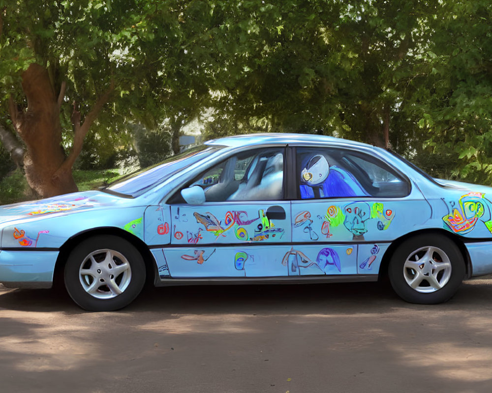 Custom Cartoon Character Design Sedan Car Parked Under Tree